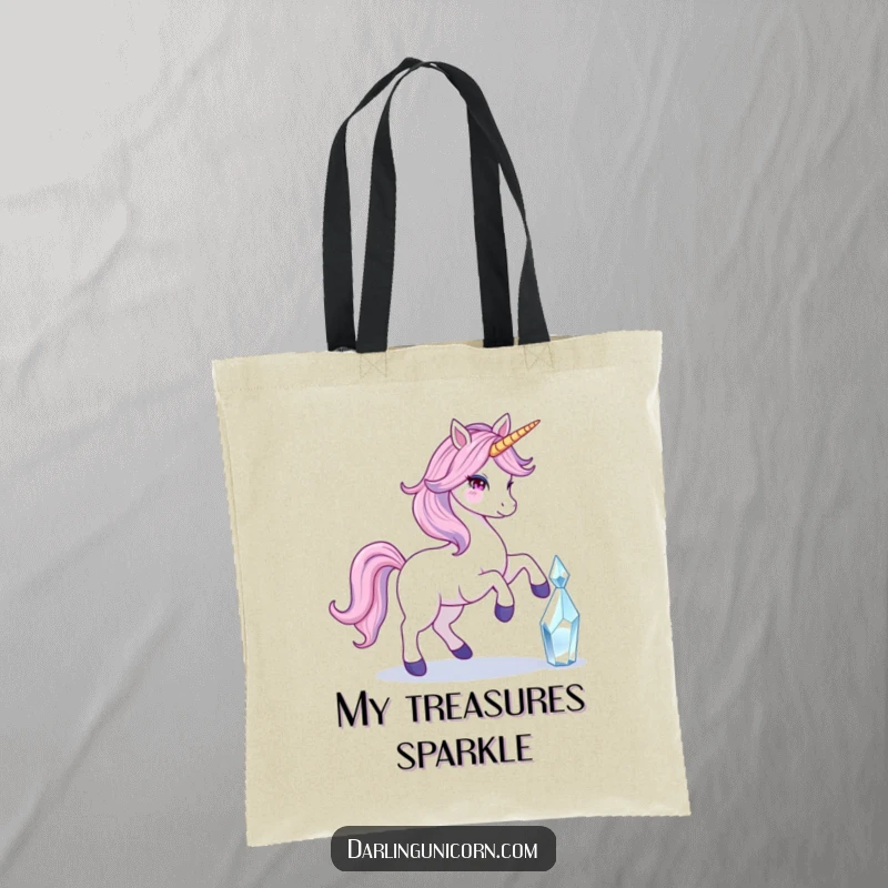 Funny tote bag with a unicorn and flowing tail elegantly touching a crystal, designed for carrying magical essentials with style.