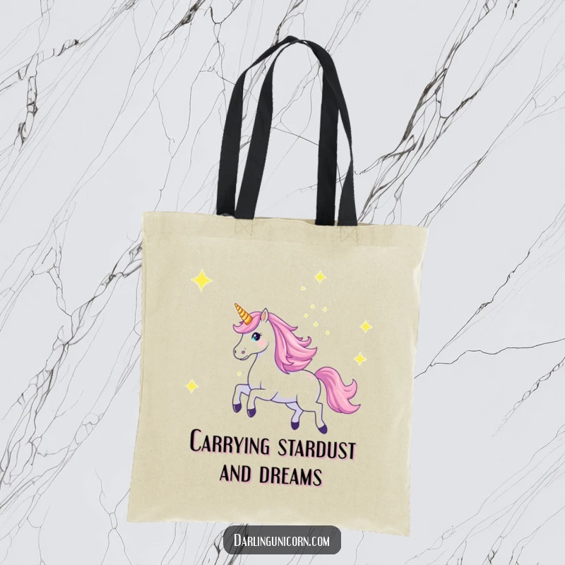 Funny tote bag with a majestic unicorn galloping across a starry sky with its horn aglow, perfect for celestial-themed outings.
