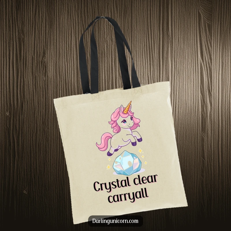 Funny unicorn tote bag with a playful unicorn soaring over a sparkling crystal, showcasing energy and joy.