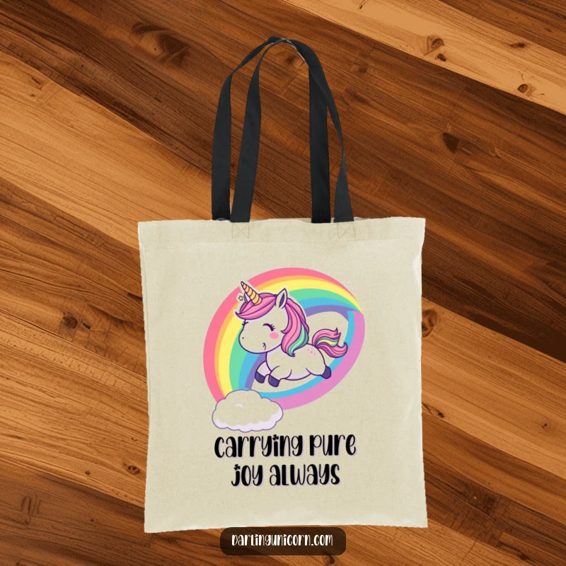 Funny tote bag with a playful unicorn sliding down a vibrant rainbow with a cheerful whoop, a joyful and colorful accessory.