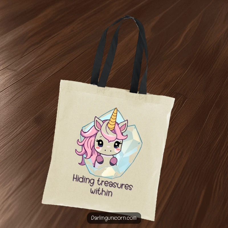 Funny tote bag with a shy unicorn peeking out from behind a large, translucent crystal, a perfect blend of mystery and utility.