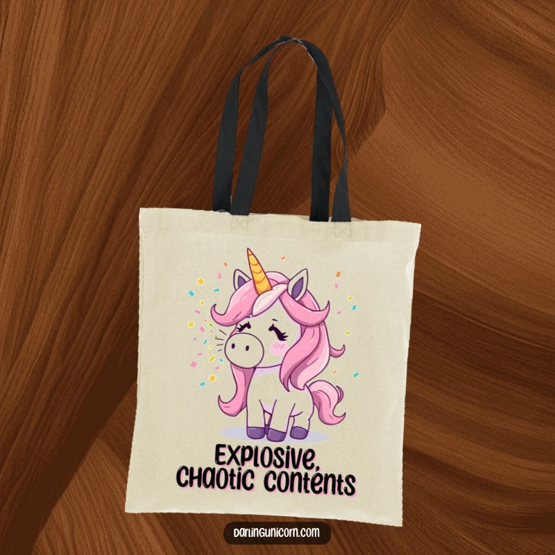 Funny surprised unicorn sneezing a colorful confetti blast on a spacious and stylish tote bag.