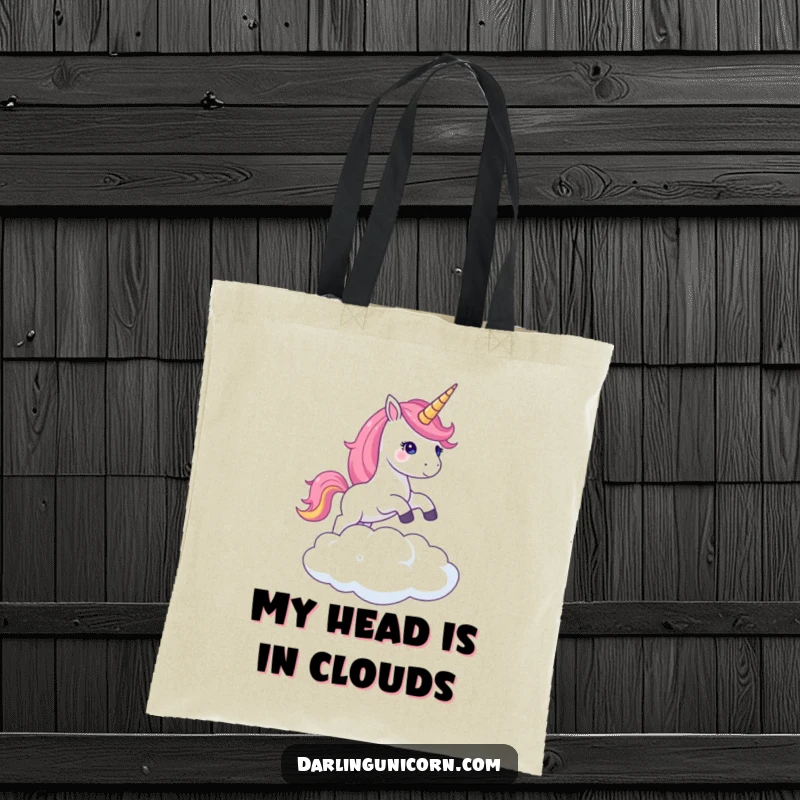 Funny tote bag featuring a unicorn with a radiant shimmering horn leaping dynamically over a cloud, perfect for mystical errands.