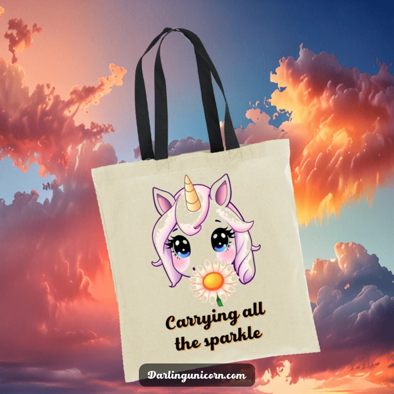 Funny Tote Bag: A unicorn with innocent eyes joyfully sniffs a huge daisy, highlighting a sweet and humorous natural moment.