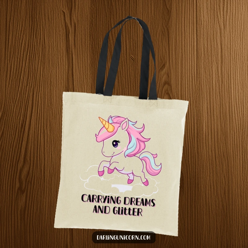 Funny unicorn galloping tote bag showcasing a joyful unicorn with a sparkling mane amidst clouds, perfect for carrying essentials.