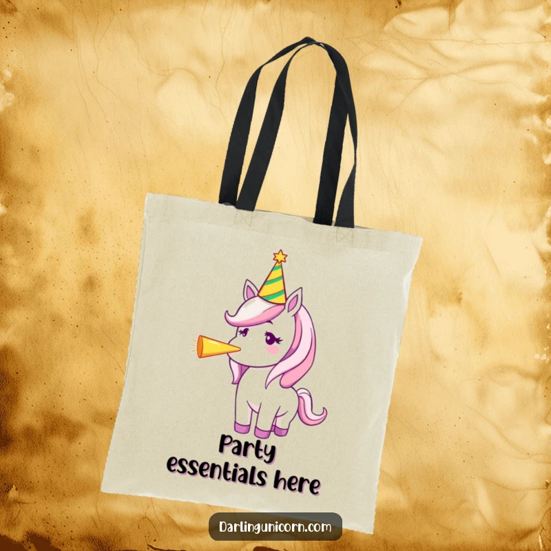 Funny tote bag with a unicorn in a party hat blowing a party horn amidst confetti, ready for any celebration.