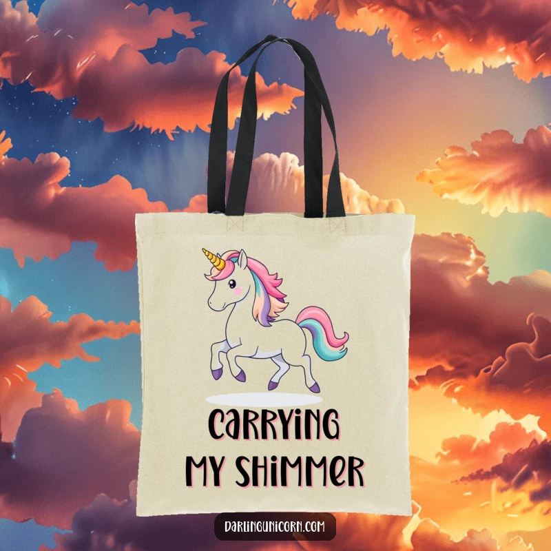 Funny Unicorn Rainbow Tote Bag: A majestic unicorn prances, leaving a rainbow, ideal for carrying essentials with magical humor.