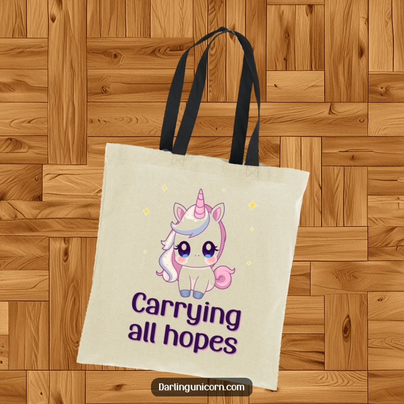 Funny tote bag featuring a unicorn with curious eyes, gazing at shooting stars, perfect for carrying magical treasures.