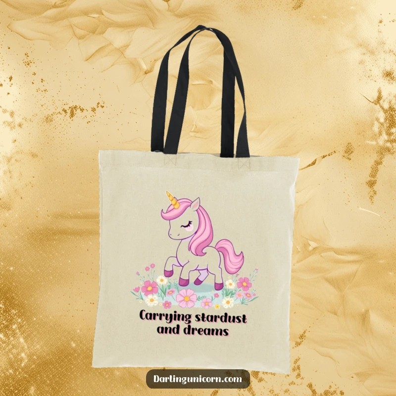 Funny unicorn prancing joyfully on a field of glittery flowers, with a glowing horn, perfect for magical errands.