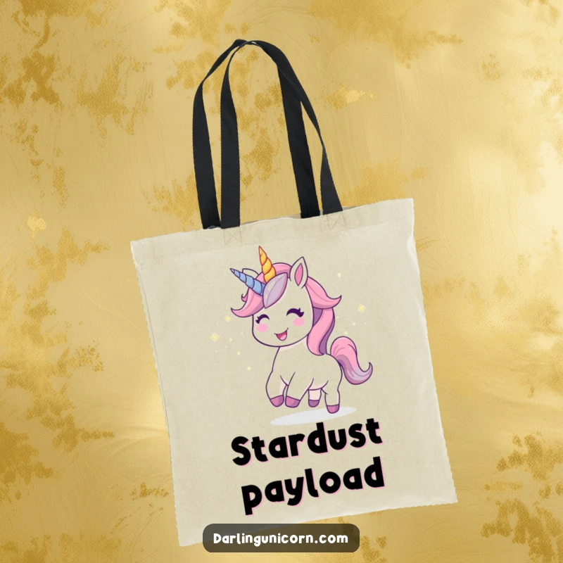 Funny Kawaii Unicorn Tote Bag: A smiling unicorn leaves a trail of shimmering stardust, spreading joy and magic.