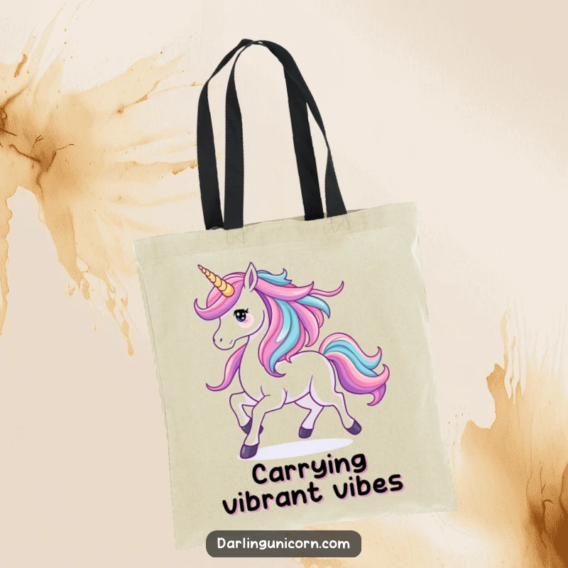 Funny tote bag showcasing a unicorn prancing, its mane like a vibrant waterfall, perfect for carrying essentials with elegance.